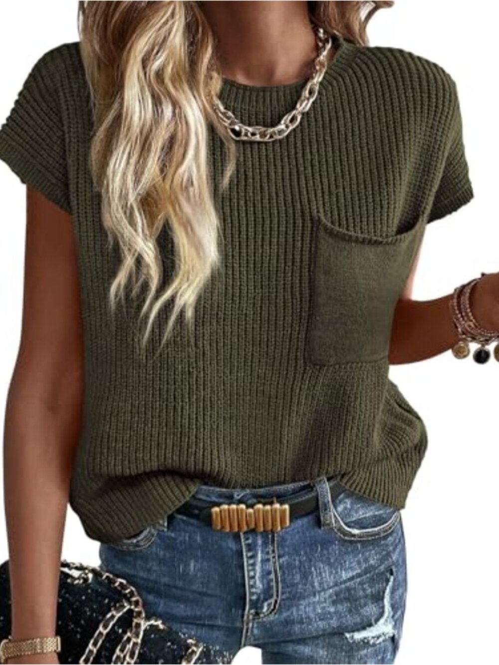 Women's Short Sleeve Crochet Knit Sweater 100% Cotton Pullover Top